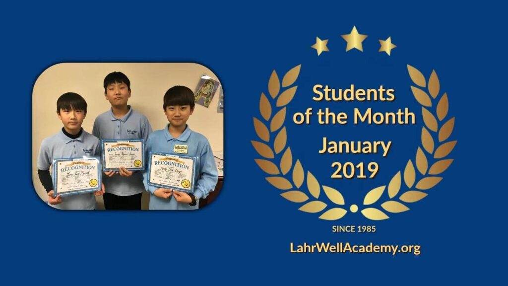 Student of the Month: Song Jun Hyeok, Jang Hyun Joon, and Yang Jae Ung. January 2019